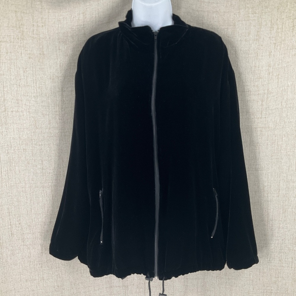 Chico's Design Jacket Womens 3 Black Velvet Silk Blend Zip Mock Neck Vintage Y2K